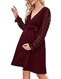 KOJOOIN Damen Umstandskleid Tüll Langarm Stillkleid V-Ausschnitt Swiss Dot Schwangere Kleider Mutterschaft Schwangerschaft Knielanges Partykleid mit Gürtel (Verpackung MEHRWEG), A-Weinrot, L