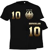 WM Deutschland Kinder Fan T-Shirt Trikot Beidseitig Bedruckt mit Wunschname & Zahl, Gold-Schwarz, Gr. 106/116 (6 Jahre)