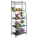 CXRYLZ-FUR Blumenregal Metall, 5 Tire Schwarz Pflanzenständer mit 10 Haken, Pflanzenregal Blumenständer Lagerregal Blumentreppe Pflanzentreppe Gartenregal Plant Stand für Indoor Outdoor Balkon Kü