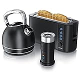 Arendo 1,7 Liter Wasserkocher +automatischer Milchaufschäumer + Langschlitz Toaster 2 Scheiben Toaster mit Brötchenaufsatz
