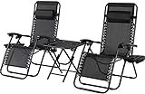 3-teiliges Sonnenliege Set klappbar, Relax-Liegestuhl für Mittagspause mit Kopfkissen, ergonomisch und atmungsaktiv, Gartenliege mit Verstellbarer Rückenlehne und Armlehnen, Schwarz