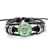 Vintage Hippie Skelett PU Lederarmband Mexikanische Zuckerschädel Volkskunst Muster Glas Cabochon Verstellbares Seil Armband