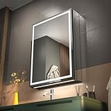 GANPE LED Beleuchtetes Badezimmer Medizin Spiegel Kabinett mit Einzeltür, Defog, Stufenloses Dimmen, Speicher 3-Farben Modus, Speicher Regale, Steckdosen & USBs (50 x 70 cm)