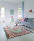 Rozenkelim Vintage Teppich | Shabby Chic Look Teppichläufer für Wohnzimmer, Schlafzimmer und Flur | 70% Polypropylen, 30% Baumwolle (Pastell, 180cm x 120cm, 8 mm hoch)