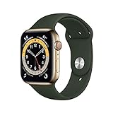 Apple Watch Series 6 GPS + Cellular, 44mm Gold Stainless Steel Case with Cyprus Green Sport Band - Regular (Renewed)