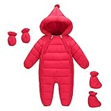 LPATTERN Neugeborene Baby/Säuglinge Winteranzug Stepp-Einteiler Kapuzenoverall Baumwolle-gefüllt Outfit Bekleidungsset mit Pompon Kapuze, Rot, 0-5 Monate(Label:70cm)