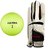 Wilson Ultra, 2-Piece Golfbälle für mehr Länge, 15er-Pack, Weiche Ionomerhülle , Ultra , Gelb & Golfhandschuh, Größe L, Links, MLH, Weiß, Feel Plus, WGJA00064L
