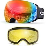 Odoland Skibrille Unisex für Damen und Herren Jungen Rahmenlose Snowboardbrille mit Magnetische Wechselglas UV-Schutz Anti-Nebel Schneebrille Helmkompatible Ski Goggles zum Skifahren Schwarz R