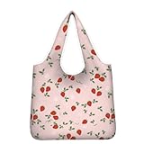Xhuibop Erdbeer-Einkaufstasche für die Küche, niedliche wiederverwendbare Taschen mit Griffen, verstaubare Tragetasche, strapazierfähige Recyclingtasche, verstaubare Strandtasche
