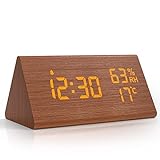 NBPOWER Wecker Digital Uhr Holz, Tischuhr Digital mit Sprachsteuerung/Snooze/Datum/Temperatur und Luftfeuchtigkeit, für Nachttisch, Schlafzimmer, Nacht Kinder und Büro- Braun
