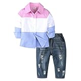 Hirolan Säugling Baby Bluse+Hosen Kleinkind Jungen Babykleidung Gentleman Gestreift T-Shirt Oberteile Denim Hose Outfits Kinderbekleidung Jogginganzug (90, Rosa)