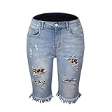 Generic Bermuda-Jeans-Shorts Mit UnversäUbertem Saum FüR Damen Knielange Zerrissene Eng Anliegende Jeans-Shorts Ausgefranste Saumtaschen Distressed-Short-Jeans (XL,Hellblau)