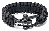 Steinbock7 Paracord Survival Armband, Schwarz - Edelstahl Verschluss Einstellbar, Inklusive Anleitung zum Flechten