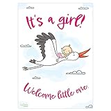 It´s a girl! - Welcome little one. | Willkommen Baby - Mädchen (Poster DIN A2). Das Plakat mit Storch zur Begrüßung von Mama und Baby. Zur Geburt eines Mädchens / einer Tochter