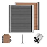 S SIENOC WPC Zaun Sichtschutzzaun 180cm Zaunblende Gartenzaun Lamellenzaun Alu-Pfosten Grau Windschutz(5X Element + 6X Pfosten,Grau)