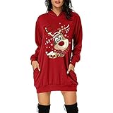 Xmiral Hoodie Kleid für Damen Weihnachten Gedruckte Langpullover Langarm Winterpullover mit Taschen(c-Rot,XL)