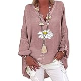 Damen Tops Casual Blumendruck T-Shirt Langarm V-Ausschnitt Pullover Plus Size Loose Tunika Bluse(XXXL,Rosa)