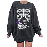 FNKDOR Halloween Pullover Damen Locker Sweatshirt Ohne Kapuze mit Kürbis Skelett Totenkopf Aufdruck Grau#3 XL