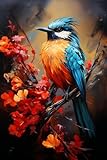Acryl-Bild 70 x 110 cm: Bild eines bunten Vogels auf einem Zweig mit roten Blumen. Generative KI. (212999783)