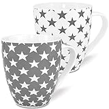 MC-Trend 2er Set XL Jumbo Grosse Becher Tassen in Weiß und grau mit Sternen aus Porzellan Füllmenge 600ml Höhe 12cm Büro Küche Schreibtisch