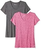 Amazon Essentials Damen Tech-Stretch-T-Shirt mit kurzen Ärmeln und V-Ausschnitt (erhältlich in Übergröße), 2er-Pack, Dunkelgrau Meliert Space-dye/Himbeerrot Space-dye, XL