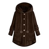 Mrat Fleecejacke für Damen, Mäntel, lang, mit Kapuze, Teddybär-Jacke, flauschiger Pullover, lässiger Pullover, lockerer Pullover, Top, Kordelzug, warme Jacke, Übergröße, Knopftasche, bequem, weich,