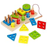 Montessori Spielzeug, 2 in1 Bausteine Spielzeug und Magnetische Angelspiel Holzspielzeug, Montessori Sortierspiel Holzpuzzle Steckspielzeug Angelspiel Lernspielzeug für Kinder als Geburtztag Geschenk