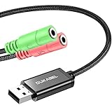 DuKabel Externe USB Soundkarte Adapter für Computer, Laptop und PS4, USB auf 2 x 3.5mm Buchse Aux Audio Konverter Kabel für Kopfhörer, Lautsprecher und 3 Pole TRS Mikrofon - Schwarz