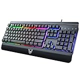 Gaming Tastatur[Version 2021],Rainbow LED Ganzmetallpaneel Gaming-Tastatur, Multi-Media Bedienelemente/Ergonomisch/Wasserdicht/Leise Tasten/19 Tasten Anti-Ghosting, Deutsches-Layout Für PC/Laptop/PS4