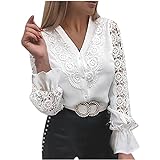 Masrin Damen Hemd Elegante, modische Patchwork-Tops mit ausgehöhlter Spitze Langärmlige Rollkragen Bluse mit Applikationen Weiße Partykleidung(M,Weiß)
