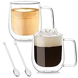 Doppelwandige Kaffeegläser mit Griff, Borosilikatglas-Tassen mit 2 Löffeln, isoliert, für Cappuccino, Latte, Macchiato, Espresso, Cocktail, 350 ml