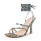 GENSHUO Damen High Heel Sandale Stiletto Schnürsandalen Sexy Eckige Zehen High Heel Riemchensandalen mit Zehenring Stiletto Riemchen Sandaletten Zehentrenner Schlangendruck Größe 41 EU