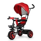 Fascol Dreirad Kinderwagen 7 in 1 Kinderdreirad mit 360° Drehsitz Dreirad mit Schubstange Sonnendach Kinder Fahrrad mit FlüSterleise Gummireifen, Rot