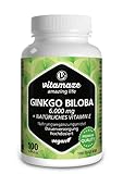 Ginkgo Biloba Kapseln hochdosiert 6000 mg vegan Gingko Biloba Extrakt 50:1, 100 Kapseln für 100 Tage Dauerversorgung, Nahrungsergänzung ohne Zusätze, Made in Germany