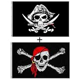 150x90 cm Piraten Flagge - Jolly Roger Schädel Brust gekreuzte Knochen Polyester für Piratenparty Halloween Outdoor Decor(2 Stück）