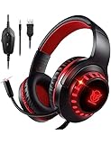 Pacrate Gaming Headset für PS4/PS5/Xbox One/PC/Nintendo Switch, PS4 Kopfhörer mit Kabel Xbox Headset mit Mikrofon, Noise Cancelling PS5 Headset mit LED Lichter - Rot
