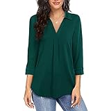 Amazon Brand - HIKARO Damen Sommer Bluse mit V-Ausschnitt Lose 3/4 Ärmel Shirt Tunika Top Damen für die Arbeit Büro Shirts in Grün XL