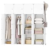HOOBRO Kleiderschrank, Garderobenschrank, Modularer Kunststoffschrank mit 16 Würfel, Steckregalsystem mit Türen und Kleiderstange, 2 Hakenreihen, 145 x 46,5 x 147,5 cm, Weiß EWT44LY01