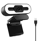 Webcam 1080P HD Einstellbarer Leuchtring Eingebaut mit Stereomikrofon, Plug and Play USB Webcam für Telekonferenzen, Zoom, Skype, Facetime, Kompatibel mit Windows, Android, MacOS, etc.