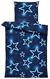 one-home Sterne Bettwäsche 135x200 cm Stern Stars dunkel blau leuchtoptik Mikrofaser Set