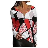 Hemden Maedchen Coole Sport Geometrisch Shirt Übergröße V Ausschnitt Langarm Bequeme Oberhemd Woman Baumwolle Lässige Sommer Zip Rot