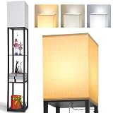 LED Stehleuchte aus Holz, 1.6m Stehlampe mit E27 Birne (3000K-5000K), Retro Standlampe mit 3 Holzregale, 3 Farbtemperaturen Nachttischlampe mit Lampenschirme für Schlafzimmer Ecke Wohnzimmer Bü