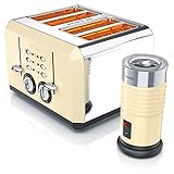 Arendo - 4-Scheiben Toaster + Milchaufschäumer im beigen Retro Look | kalter und warmer Milchschaum | 4-Schlitz-Toaster im Edelstahlgehäuse mit Bräunungsgrad 1-6