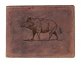 Greenburry Vintage Herrenbörse mit Wildschwein Motiv I Leder Geldbörse mit Wildsau Motiv| Jäger-Ledergeldbörse in braun