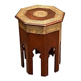 Casa Moro Orientalischer Beistelltisch Meena Ø 40cm Höhe 52cm in rot-braun Gold aus Massiv-Holz mit Messing verziert, Marokkanischer edel Couchtisch Vintage Look MA79-25