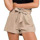 BUXIANGGAN Shorts Kurze Damen Hose Mode Frauen Hohe Taille Shorts In Papiertüte Krawatte Gürtel Shorts Damen Shorts-Kaki_XL