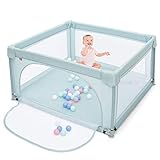 COSTWAY 120 x 120cm Baby Laufstall mit 50 Spielbällen, Laufgitter mit atmungsaktivem Netz und Reißverschluss, Krabbelgitter mit Tür, Laufgitterzelt für Säuglinge und Kleinkinder (Blau)