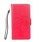 JAWSEU Kompatibel mit Sony Xperia E5 Hülle Leder Flip Case Wallet Tasche Cover Hüllen Eule Baum Muster PU Handyhülle Brieftasche Etui Schutzhülle Handytasche Magnetisch Ständer,Rose rot