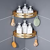 Goldene Badezimmer-Eckregale, Wandhalterung, Dusch-Caddy mit Haken, 2 Stück, Shampoo-Halter, Bohr- oder Klebemontag
