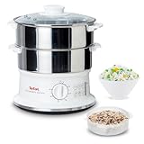 Tefal Dampfgarer elektrisch, 2 Edelstahlbehälter, 6L Fassungsvermögen, Dampfkocher mit 24cm Durchmesser, Timer und automatische Abschaltung, 900W, weiß, VC1451